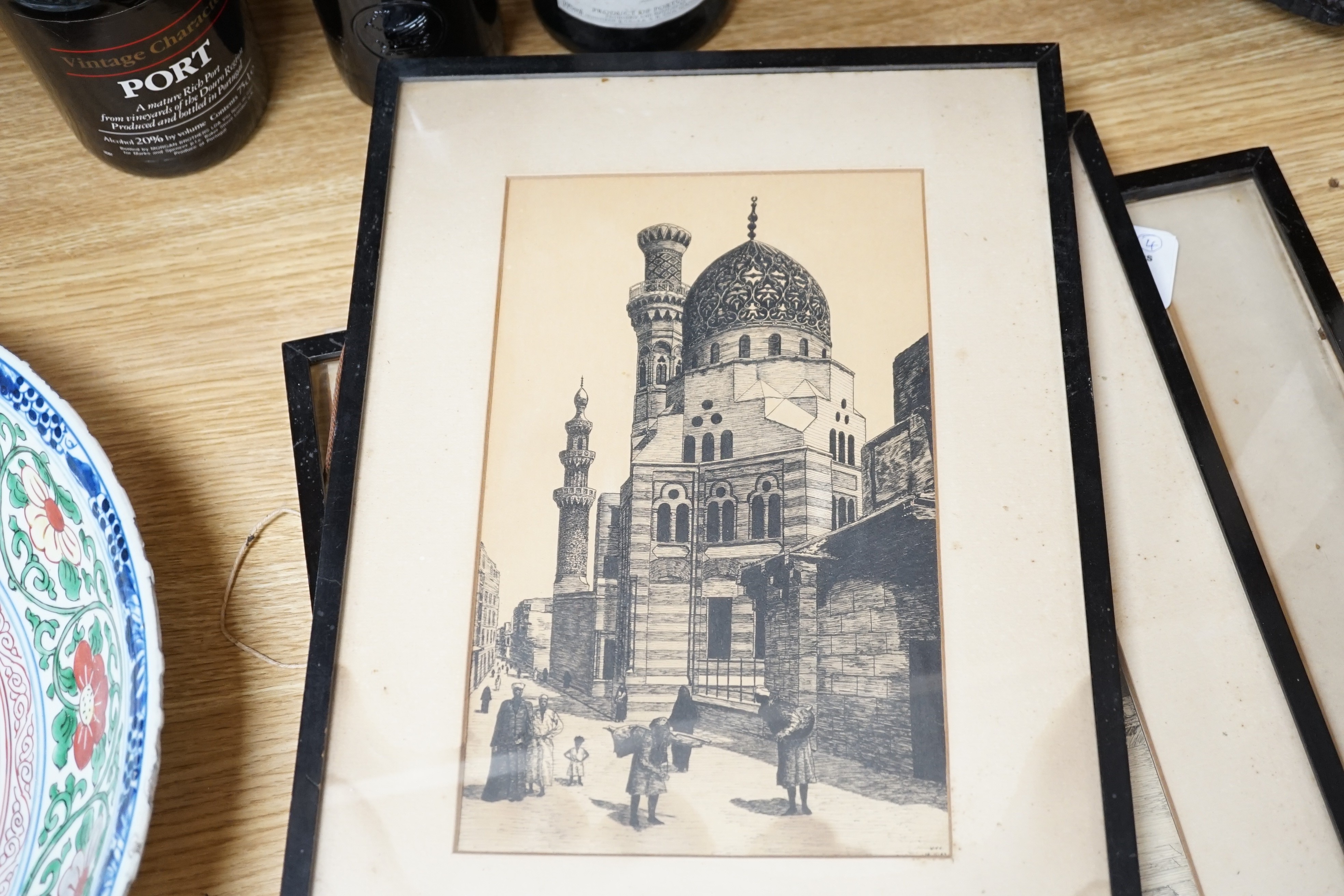 WVC 1926, four pen and ink drawings, Two men riding a camel and three views of mosques, largest 19 x 26cm